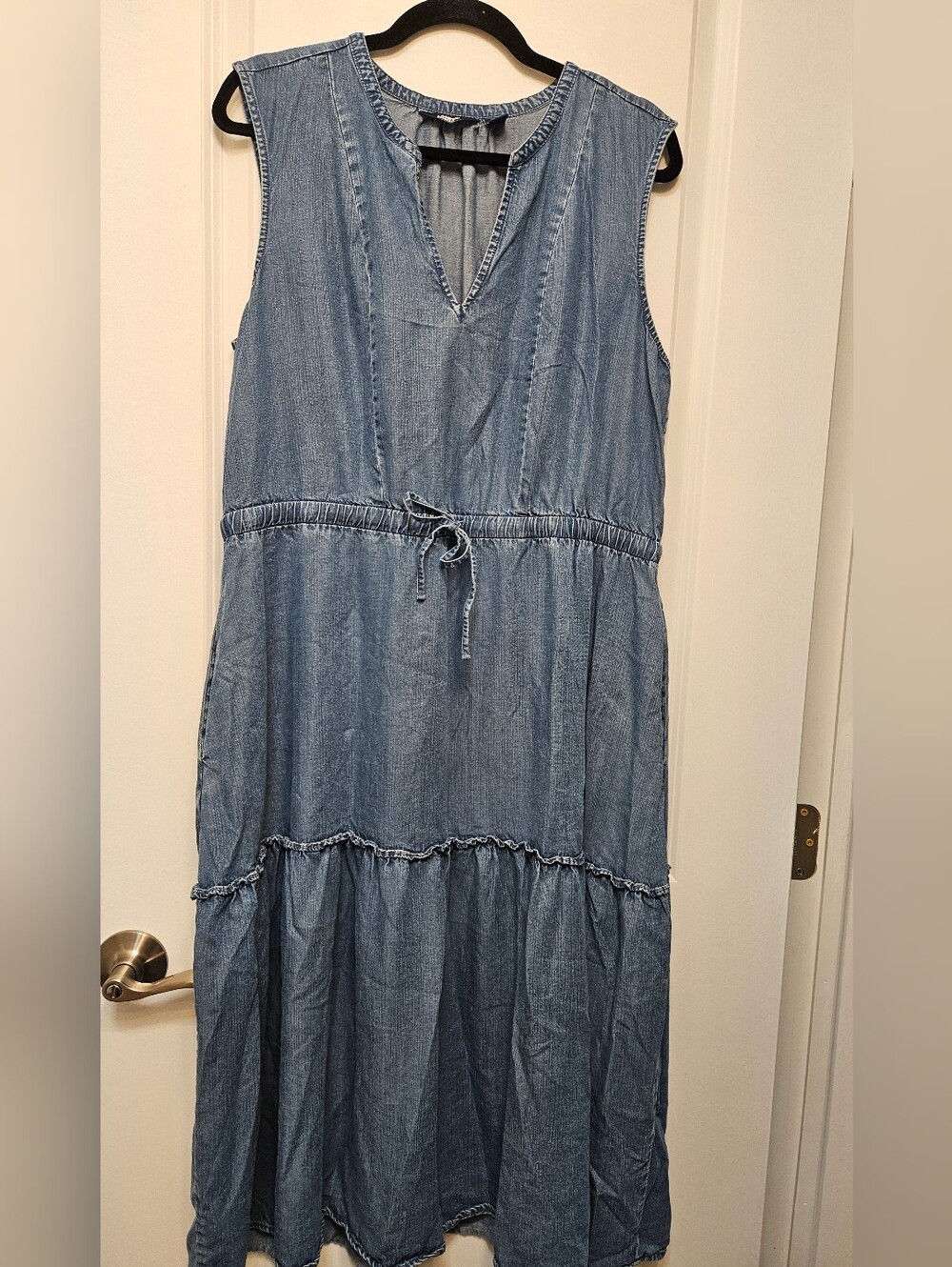 Lands’ End XL Lyocell Denim Tiered Midi Dress Drawstring Boho